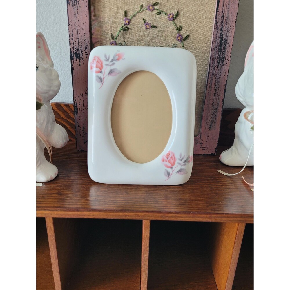 Vintage White Ceramic Pink Floral Picture Frame Tabletop Display 4x3